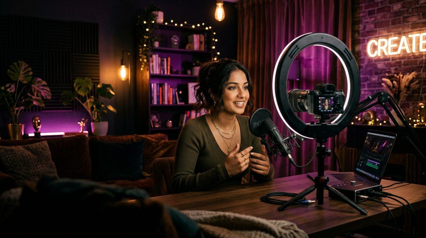 A creator recording content for her members in a warm, neon-lit studio